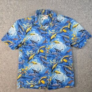 Vintage Paradise Found Shirt Mens M Blue AOP Fish Nature Ocean Beach Hawaiian